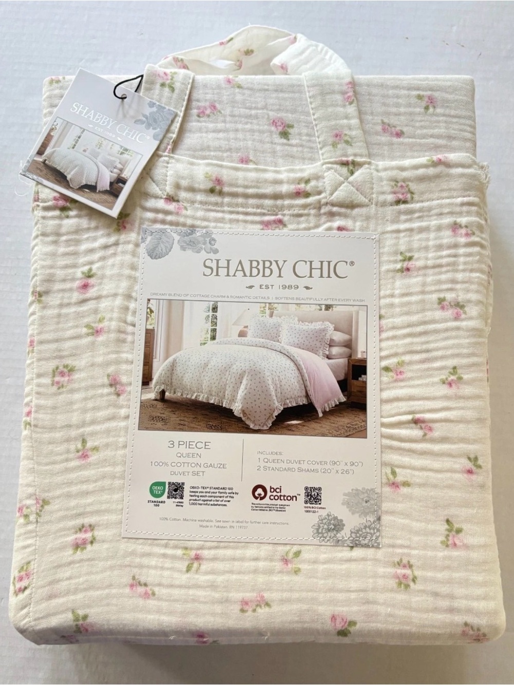 SHABBY CHIC NEW 3-Piece Pink Floral Cotton Ruffle Gauze Duvet Cover Set- Queen